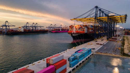 A large shipping port with multiple cranes and container ships. The cranes are loading or unloading containers from the ships docked at the port. There are stacks of colorful shipping containers on the dock and more containers on the ships. The
