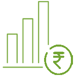 Green bar graph with four ascending bars and a circular symbol containing the Indian Rupee sign (₹) to the right of the bars.