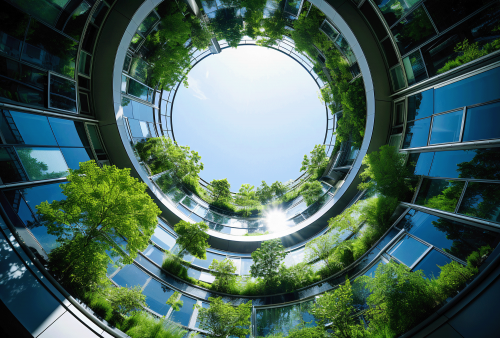 A circular, multi-story building with an open center looking up towards the sky. The interior walls are lined with windows and balconies adorned with lush green plants and trees. Sunlight streams through the open center, illuminating the greenery and creating reflections on the glass surfaces.