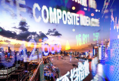 A cityscape with a river running through it, likely taken at sunset or dusk. Superimposed over the cityscape are various stock market-related texts and numbers, including 